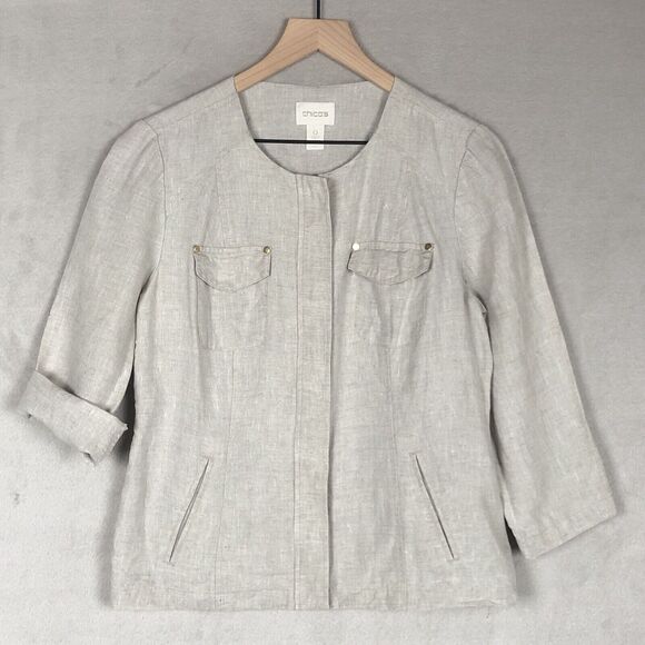 CHICO'S 100% Linen Shirt Sz 0 US Small Light Gray Beige 3/4 Sleeve‎ Pockets Zip - Picture 1 of 7
